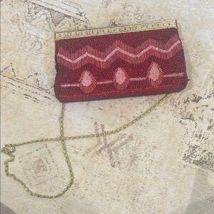 Unbranded Elegant Red Beaded Clutch with Gold Chain